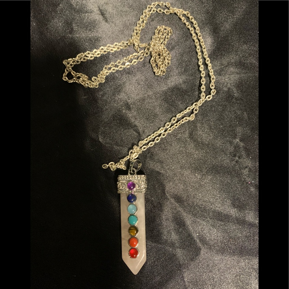 New! White Quartz + Chakra Stone Crystal Necklace
